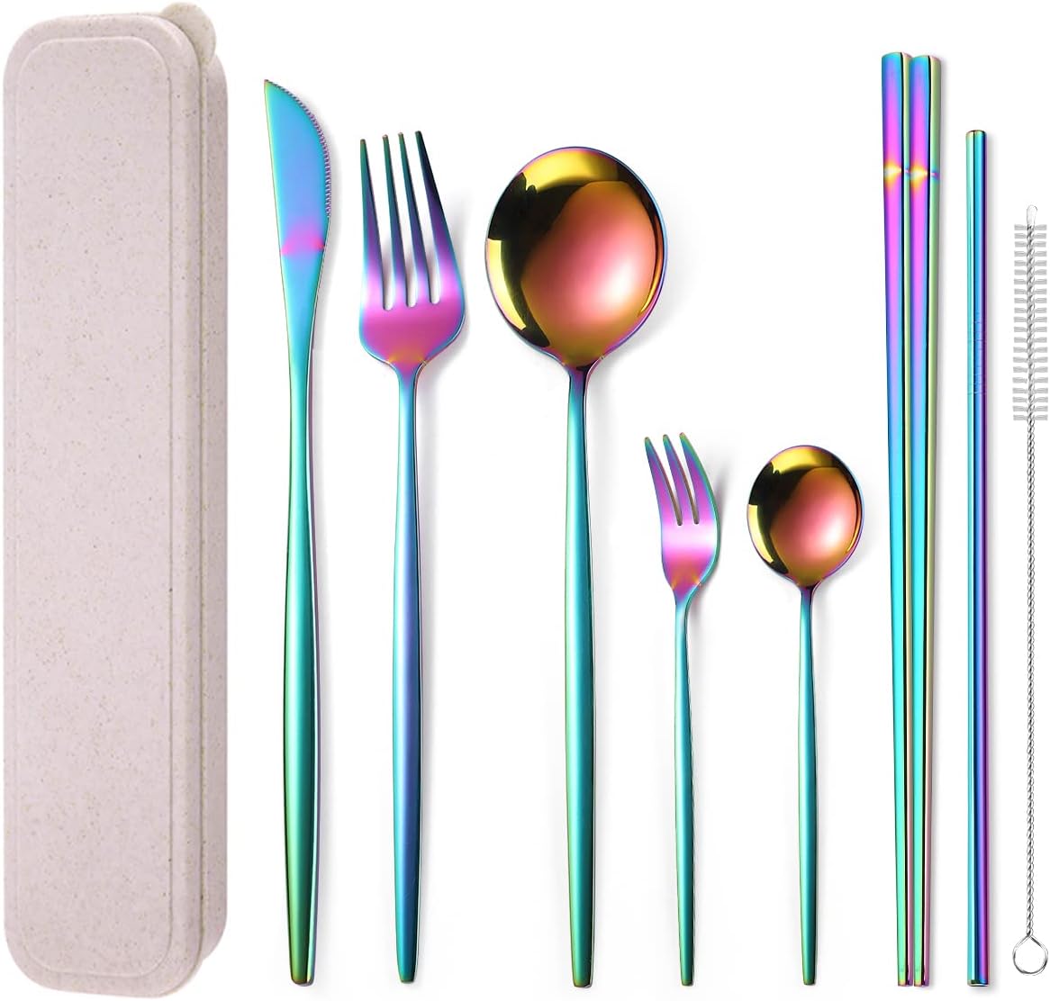 8 Pieces Stainless Steel Flatware Set Portable Reusable Cutlery Set Travel Utensils Set Including Chopsticks Knife Fork Spoon Straws Cleaning Brush Dishwasher Safe (Pink Golden)