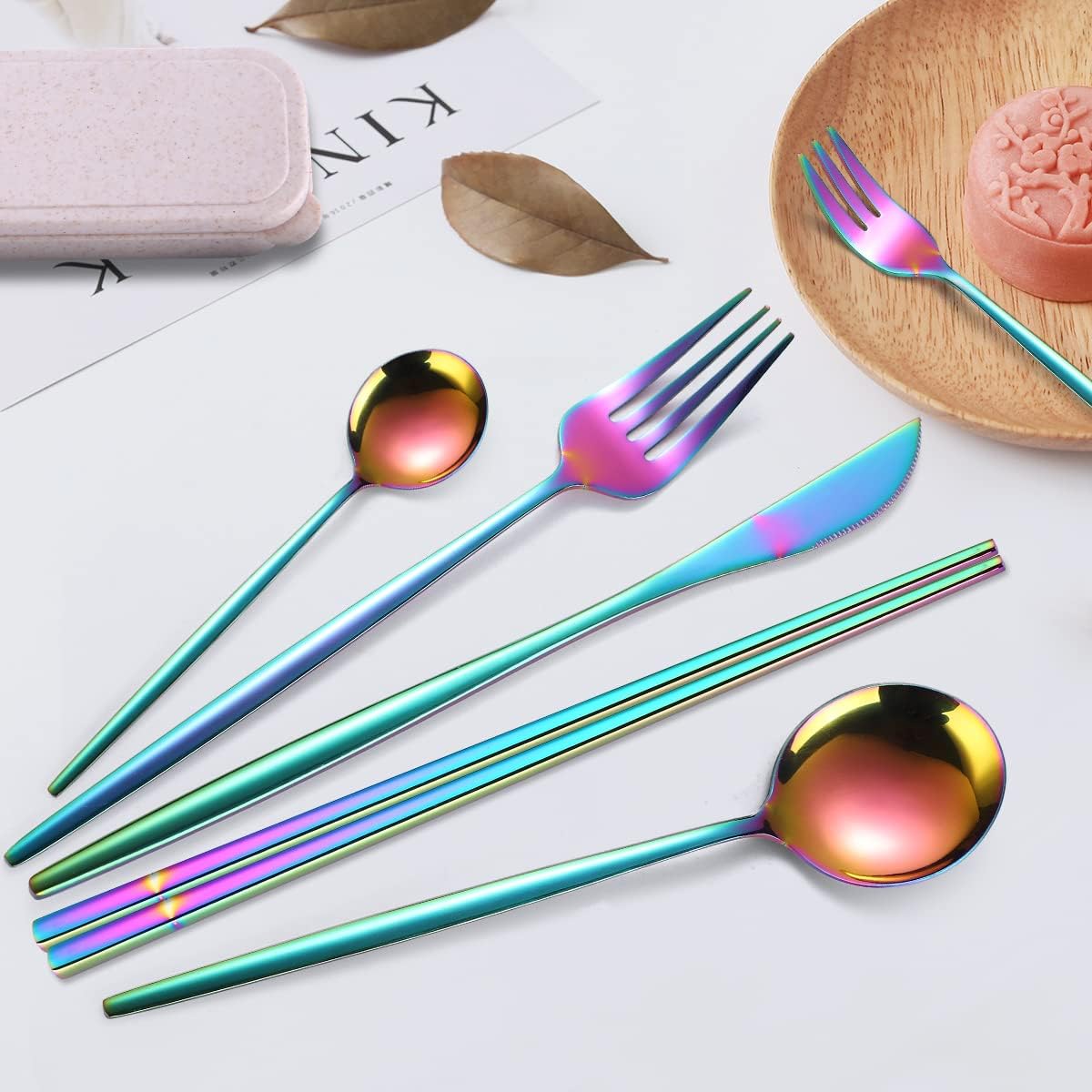 8 Pieces Stainless Steel Flatware Set Portable Reusable Cutlery Set Travel Utensils Set Including Chopsticks Knife Fork Spoon Straws Cleaning Brush Dishwasher Safe (Pink Golden)