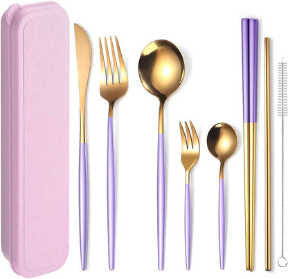 8 Pieces Stainless Steel Flatware Set Portable Reusable Cutlery Set Travel Utensils Set Including Chopsticks Knife Fork Spoon Straws Cleaning Brush Dishwasher Safe (Pink Golden)