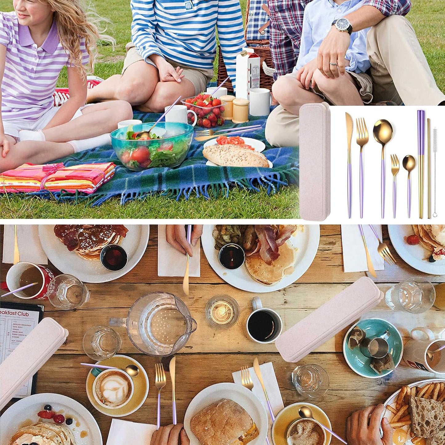 8 Pieces Stainless Steel Flatware Set Portable Reusable Cutlery Set Travel Utensils Set Including Chopsticks Knife Fork Spoon Straws Cleaning Brush Dishwasher Safe (Pink Golden)