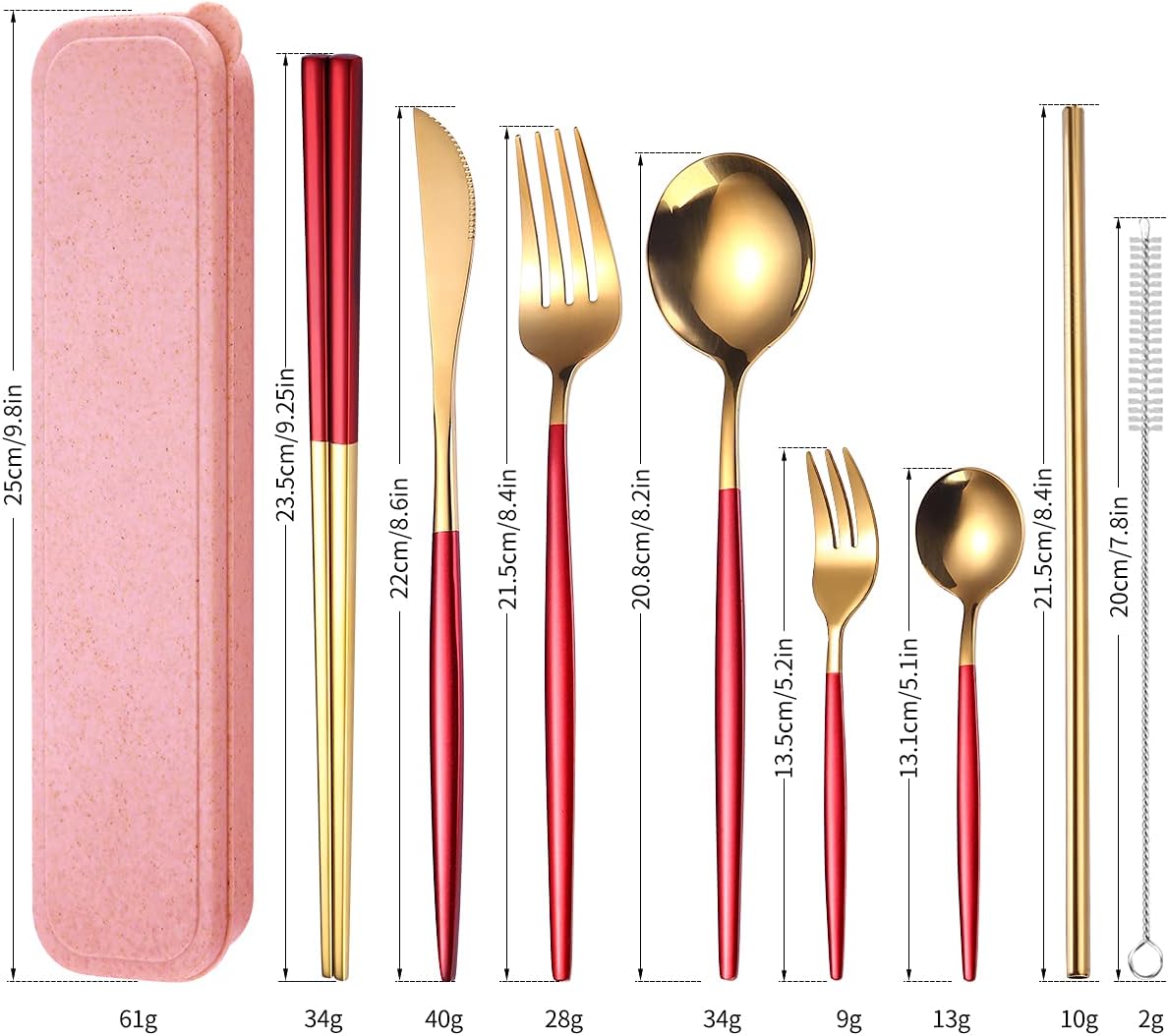8 Pieces Stainless Steel Flatware Set Portable Reusable Cutlery Set Travel Utensils Set Including Chopsticks Knife Fork Spoon Straws Cleaning Brush Dishwasher Safe (Pink Golden)