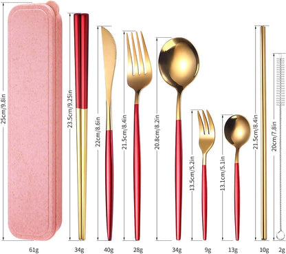 8 Pieces Stainless Steel Flatware Set Portable Reusable Cutlery Set Travel Utensils Set Including Chopsticks Knife Fork Spoon Straws Cleaning Brush Dishwasher Safe (Pink Golden)