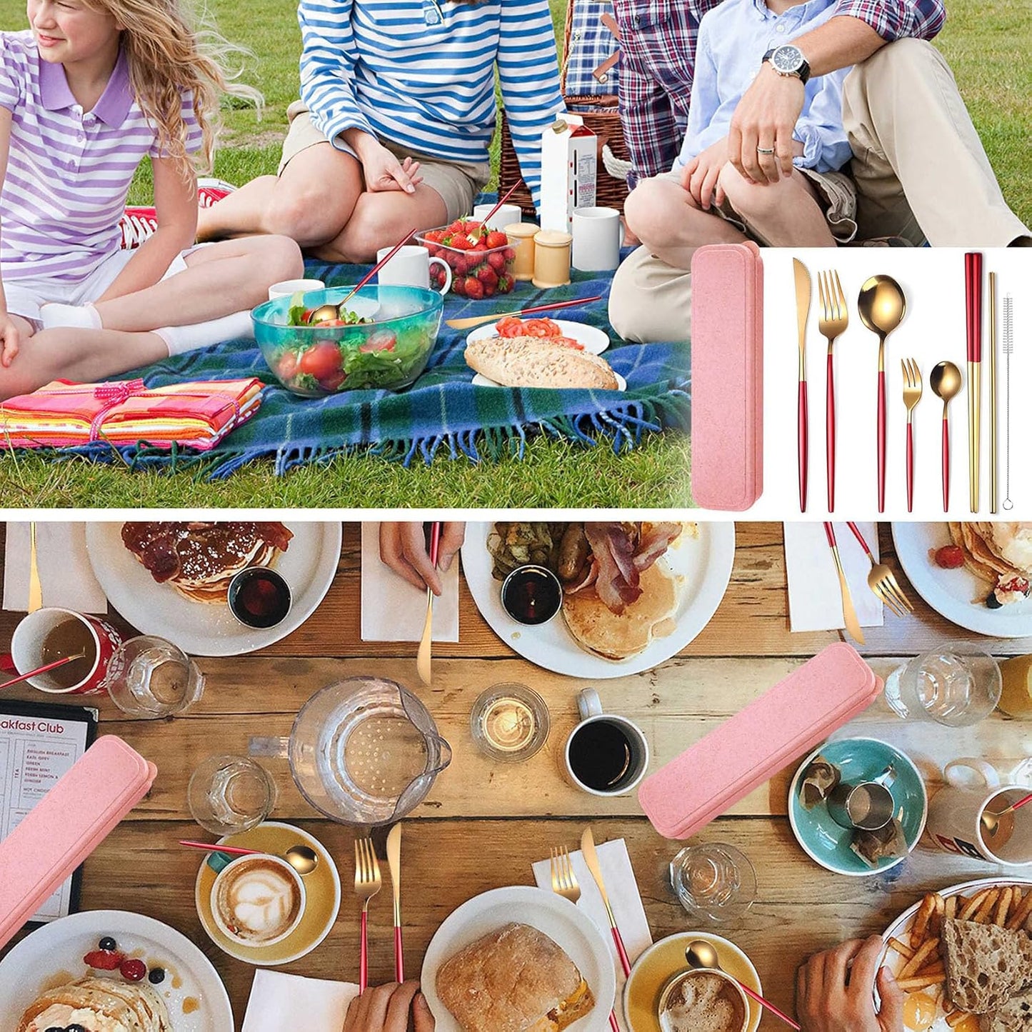 8 Pieces Stainless Steel Flatware Set Portable Reusable Cutlery Set Travel Utensils Set Including Chopsticks Knife Fork Spoon Straws Cleaning Brush Dishwasher Safe (Pink Golden)