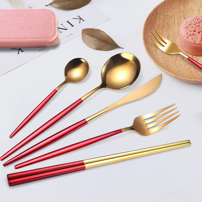 8 Pieces Stainless Steel Flatware Set Portable Reusable Cutlery Set Travel Utensils Set Including Chopsticks Knife Fork Spoon Straws Cleaning Brush Dishwasher Safe (Pink Golden)