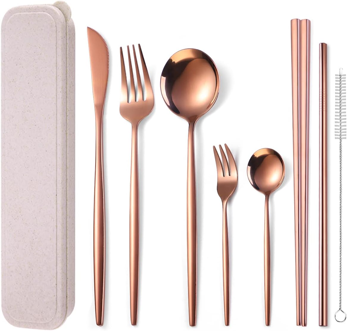 8 Pieces Stainless Steel Flatware Set Portable Reusable Cutlery Set Travel Utensils Set Including Chopsticks Knife Fork Spoon Straws Cleaning Brush Dishwasher Safe (Pink Golden)