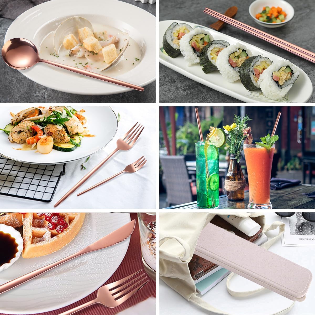 8 Pieces Stainless Steel Flatware Set Portable Reusable Cutlery Set Travel Utensils Set Including Chopsticks Knife Fork Spoon Straws Cleaning Brush Dishwasher Safe (Pink Golden)