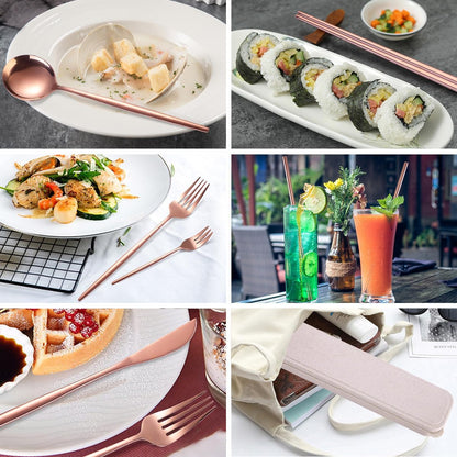 8 Pieces Stainless Steel Flatware Set Portable Reusable Cutlery Set Travel Utensils Set Including Chopsticks Knife Fork Spoon Straws Cleaning Brush Dishwasher Safe (Pink Golden)