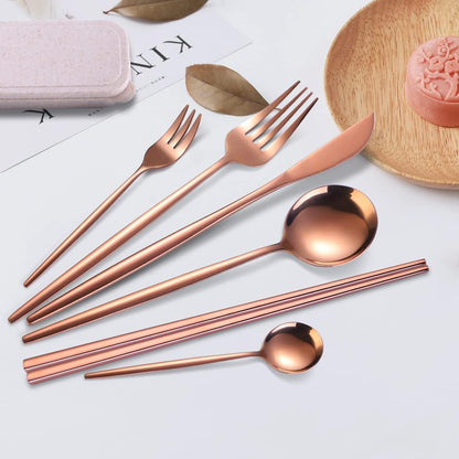 8 Pieces Stainless Steel Flatware Set Portable Reusable Cutlery Set Travel Utensils Set Including Chopsticks Knife Fork Spoon Straws Cleaning Brush Dishwasher Safe (Pink Golden)