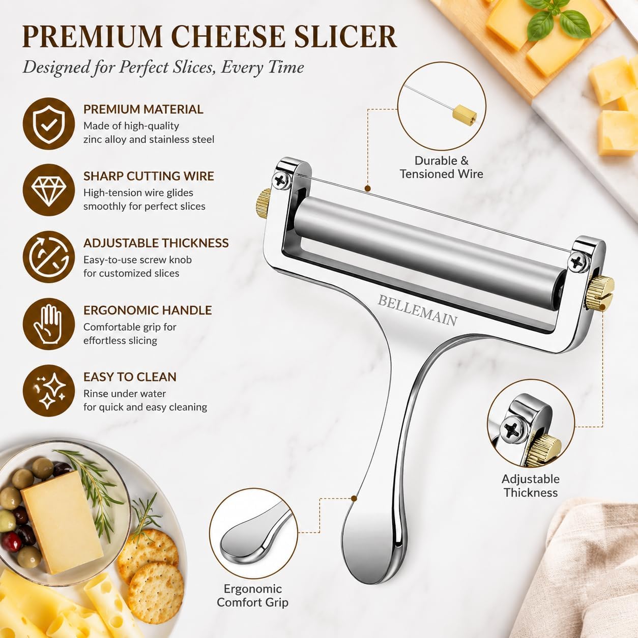 Stainless Steel Wire Cheese Slicer with 2 Extra Wires - Silver