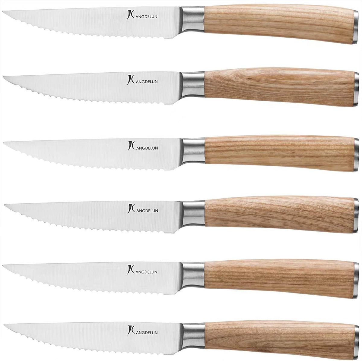 6-Piece Steak Knife Set, 4.5" Serrated Steak Knives, 50Cr15MoV High-Carbon Stainless Steel, 56-58 HRC Ultra Sharp, Light Natural Ash Wood Handle, Magnetic Gift Box for Wedding, Housewarming