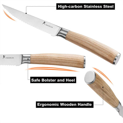 6-Piece Steak Knife Set, 4.5" Serrated Steak Knives, 50Cr15MoV High-Carbon Stainless Steel, 56-58 HRC Ultra Sharp, Light Natural Ash Wood Handle, Magnetic Gift Box for Wedding, Housewarming