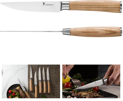 6-Piece Steak Knife Set, 4.5" Serrated Steak Knives, 50Cr15MoV High-Carbon Stainless Steel, 56-58 HRC Ultra Sharp, Light Natural Ash Wood Handle, Magnetic Gift Box for Wedding, Housewarming