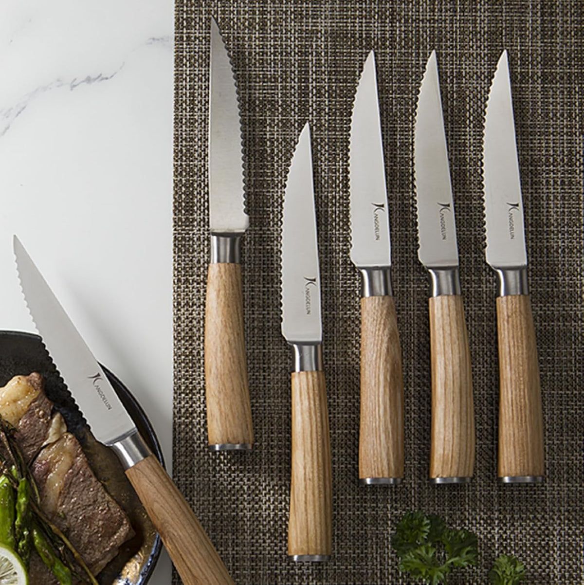 6-Piece Steak Knife Set, 4.5" Serrated Steak Knives, 50Cr15MoV High-Carbon Stainless Steel, 56-58 HRC Ultra Sharp, Light Natural Ash Wood Handle, Magnetic Gift Box for Wedding, Housewarming