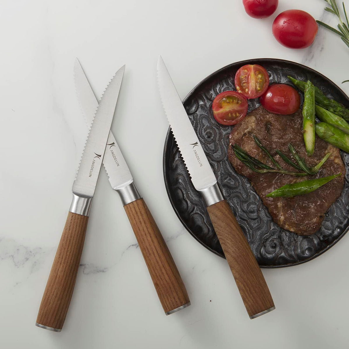 6-Piece Steak Knife Set, 4.5" Serrated Steak Knives, 50Cr15MoV High-Carbon Stainless Steel, 56-58 HRC Ultra Sharp, Light Natural Ash Wood Handle, Magnetic Gift Box for Wedding, Housewarming