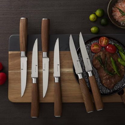 6-Piece Steak Knife Set, 4.5" Serrated Steak Knives, 50Cr15MoV High-Carbon Stainless Steel, 56-58 HRC Ultra Sharp, Light Natural Ash Wood Handle, Magnetic Gift Box for Wedding, Housewarming