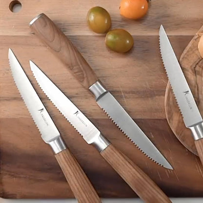 6-Piece Steak Knife Set, 4.5" Serrated Steak Knives, 50Cr15MoV High-Carbon Stainless Steel, 56-58 HRC Ultra Sharp, Light Natural Ash Wood Handle, Magnetic Gift Box for Wedding, Housewarming