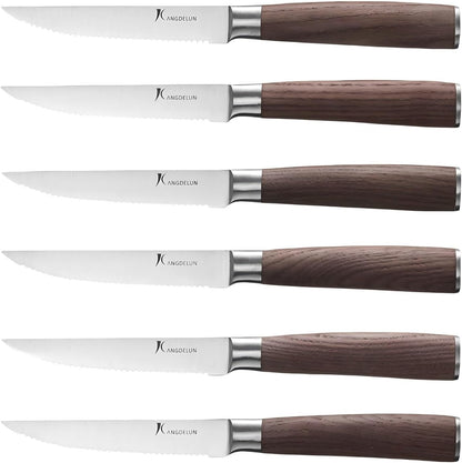 6-Piece Steak Knife Set, 4.5" Serrated Steak Knives, 50Cr15MoV High-Carbon Stainless Steel, 56-58 HRC Ultra Sharp, Light Natural Ash Wood Handle, Magnetic Gift Box for Wedding, Housewarming