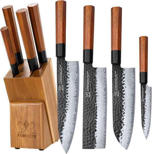 Japanese Knife Set with Block, Kitchen Knives Gift for Men & Women | Hand Forged 5-Layer 9CR18MOV Clad Steel Chef Knives with Rosewood Handles, Includes Chef, Santoku, Nakiri and Paring Knife