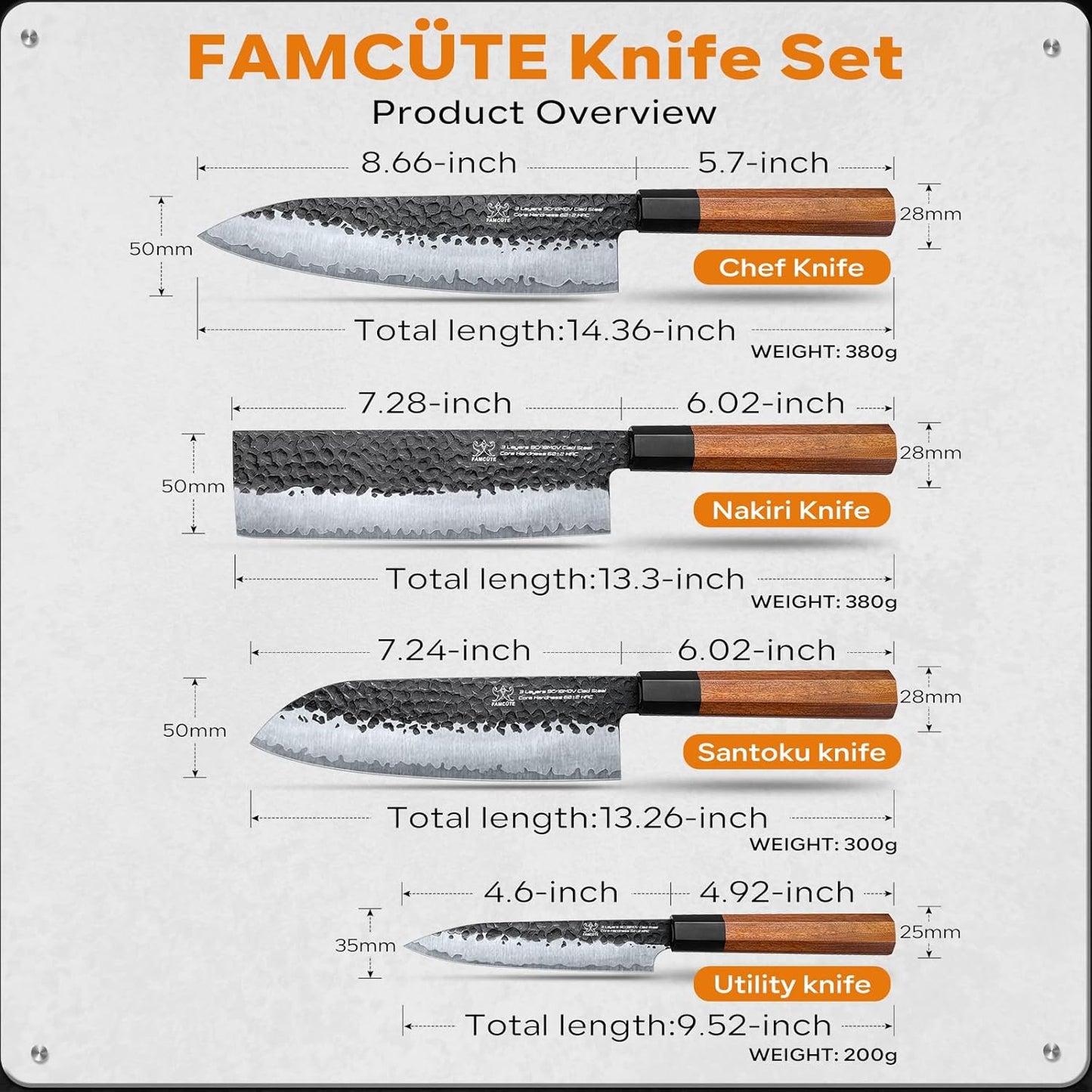 Japanese Knife Set with Block, Kitchen Knives Gift for Men & Women | Hand Forged 5-Layer 9CR18MOV Clad Steel Chef Knives with Rosewood Handles, Includes Chef, Santoku, Nakiri and Paring Knife