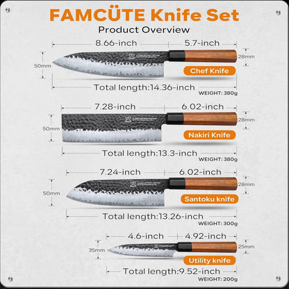 Japanese Knife Set with Block, Kitchen Knives Gift for Men & Women | Hand Forged 5-Layer 9CR18MOV Clad Steel Chef Knives with Rosewood Handles, Includes Chef, Santoku, Nakiri and Paring Knife