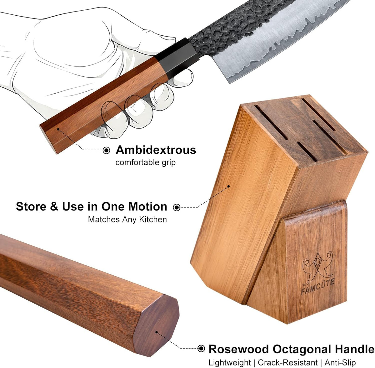 Japanese Knife Set with Block, Kitchen Knives Gift for Men & Women | Hand Forged 5-Layer 9CR18MOV Clad Steel Chef Knives with Rosewood Handles, Includes Chef, Santoku, Nakiri and Paring Knife