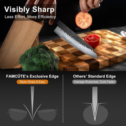 Japanese Knife Set with Block, Kitchen Knives Gift for Men & Women | Hand Forged 5-Layer 9CR18MOV Clad Steel Chef Knives with Rosewood Handles, Includes Chef, Santoku, Nakiri and Paring Knife