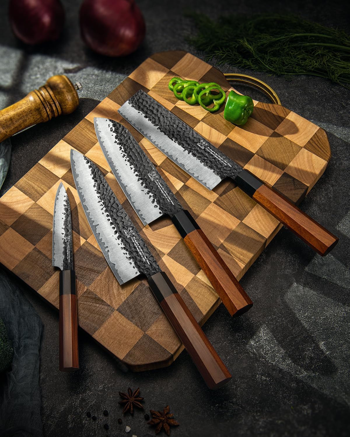 Japanese Knife Set with Block, Kitchen Knives Gift for Men & Women | Hand Forged 5-Layer 9CR18MOV Clad Steel Chef Knives with Rosewood Handles, Includes Chef, Santoku, Nakiri and Paring Knife