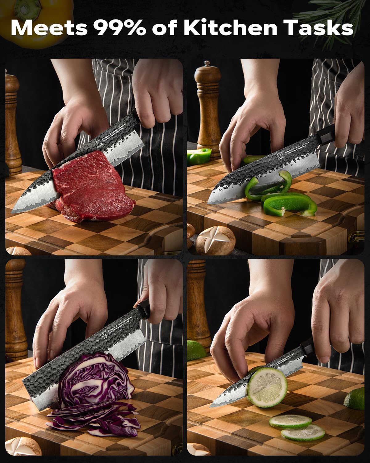 Japanese Knife Set with Block, Kitchen Knives Gift for Men & Women | Hand Forged 5-Layer 9CR18MOV Clad Steel Chef Knives with Rosewood Handles, Includes Chef, Santoku, Nakiri and Paring Knife