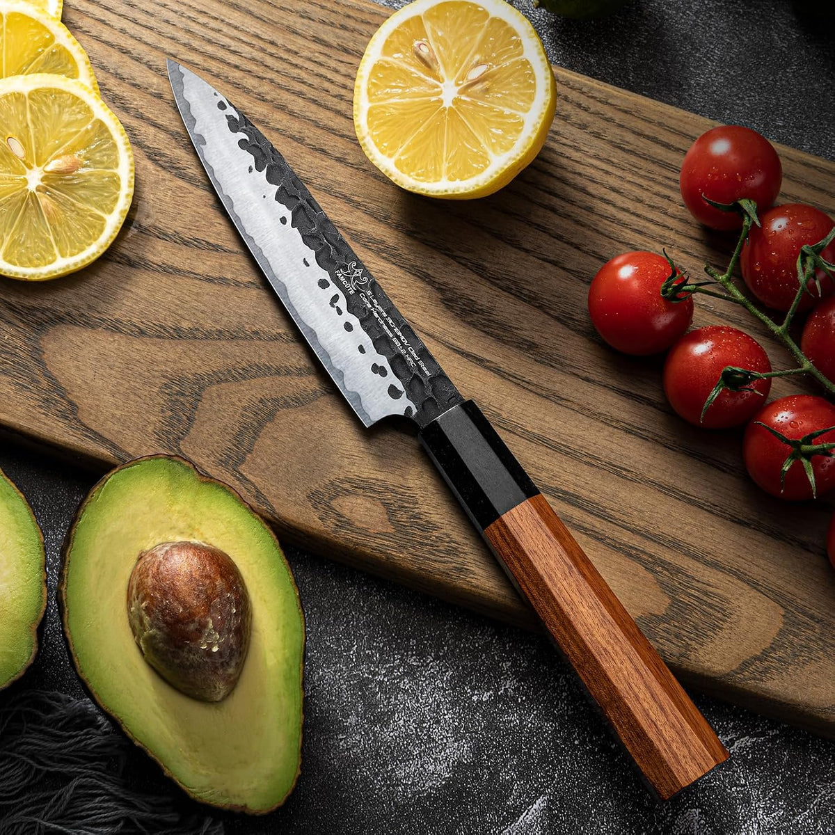 Japanese Knife Set with Block, Kitchen Knives Gift for Men & Women | Hand Forged 5-Layer 9CR18MOV Clad Steel Chef Knives with Rosewood Handles, Includes Chef, Santoku, Nakiri and Paring Knife
