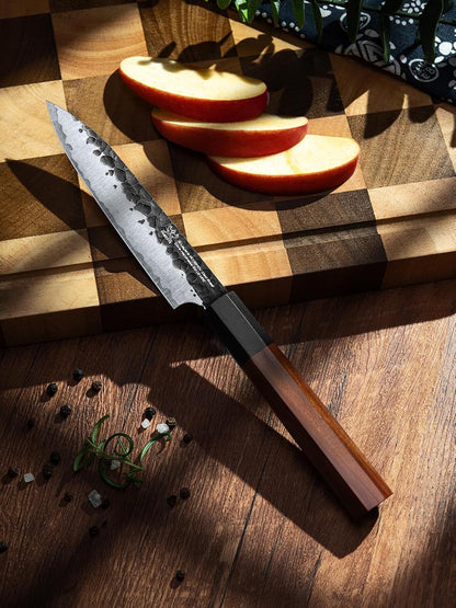 Japanese Knife Set with Block, Kitchen Knives Gift for Men & Women | Hand Forged 5-Layer 9CR18MOV Clad Steel Chef Knives with Rosewood Handles, Includes Chef, Santoku, Nakiri and Paring Knife