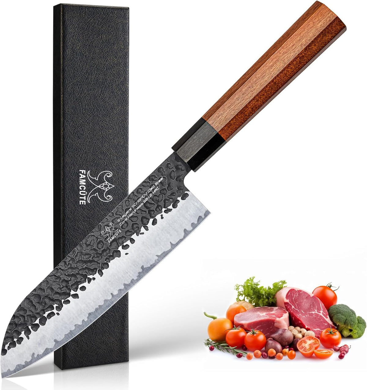 Japanese Knife Set with Block, Kitchen Knives Gift for Men & Women | Hand Forged 5-Layer 9CR18MOV Clad Steel Chef Knives with Rosewood Handles, Includes Chef, Santoku, Nakiri and Paring Knife