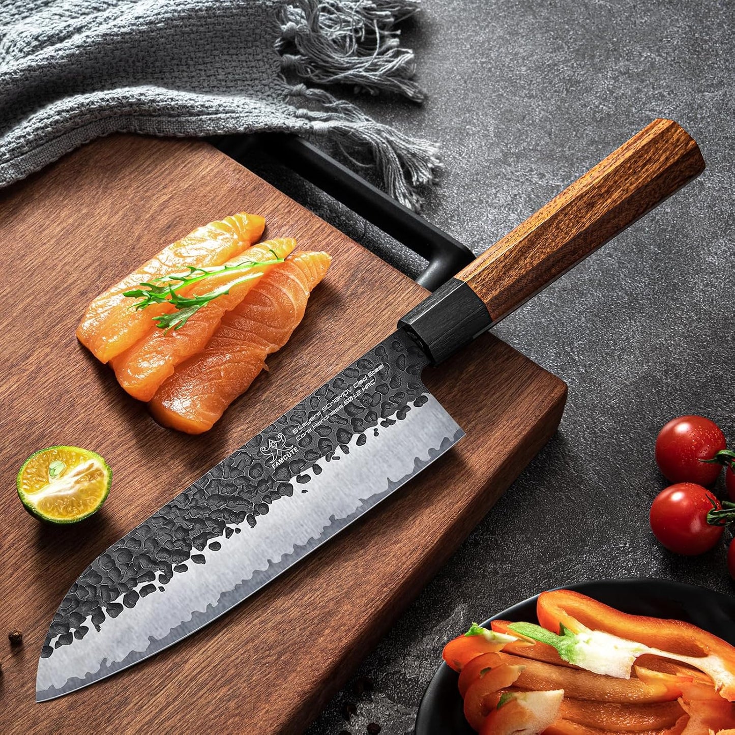 Japanese Knife Set with Block, Kitchen Knives Gift for Men & Women | Hand Forged 5-Layer 9CR18MOV Clad Steel Chef Knives with Rosewood Handles, Includes Chef, Santoku, Nakiri and Paring Knife