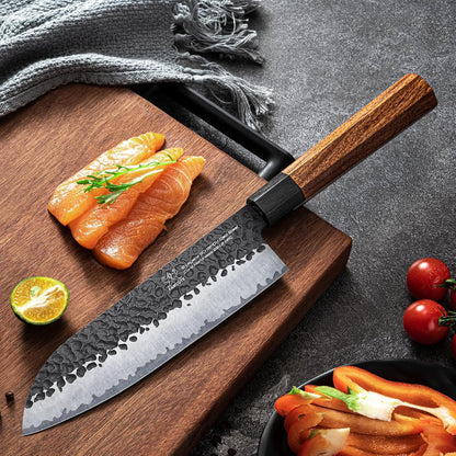 Japanese Knife Set with Block, Kitchen Knives Gift for Men & Women | Hand Forged 5-Layer 9CR18MOV Clad Steel Chef Knives with Rosewood Handles, Includes Chef, Santoku, Nakiri and Paring Knife