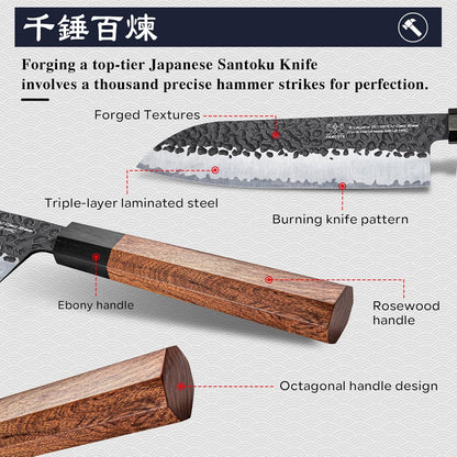 Japanese Knife Set with Block, Kitchen Knives Gift for Men & Women | Hand Forged 5-Layer 9CR18MOV Clad Steel Chef Knives with Rosewood Handles, Includes Chef, Santoku, Nakiri and Paring Knife