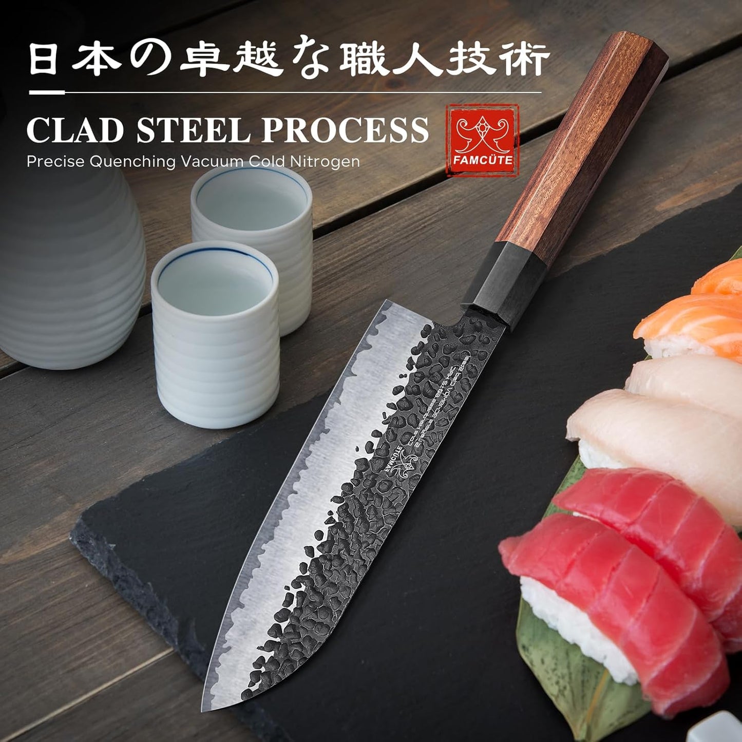 Japanese Knife Set with Block, Kitchen Knives Gift for Men & Women | Hand Forged 5-Layer 9CR18MOV Clad Steel Chef Knives with Rosewood Handles, Includes Chef, Santoku, Nakiri and Paring Knife