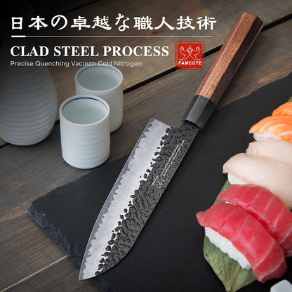 Japanese Knife Set with Block, Kitchen Knives Gift for Men & Women | Hand Forged 5-Layer 9CR18MOV Clad Steel Chef Knives with Rosewood Handles, Includes Chef, Santoku, Nakiri and Paring Knife