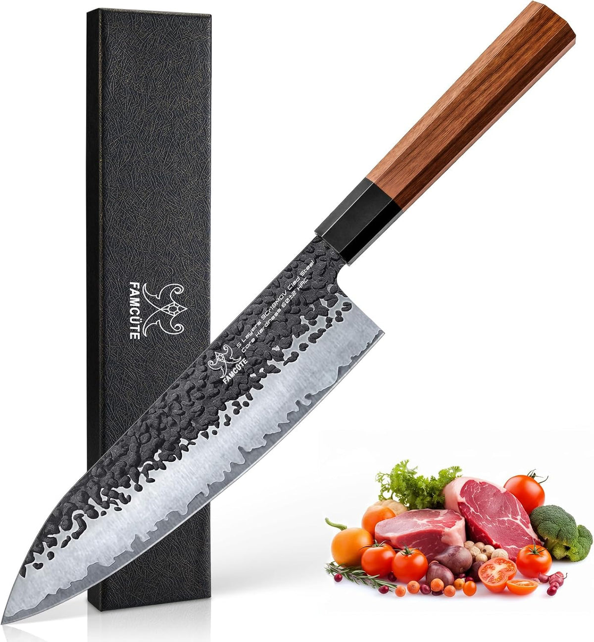 Japanese Knife Set with Block, Kitchen Knives Gift for Men & Women | Hand Forged 5-Layer 9CR18MOV Clad Steel Chef Knives with Rosewood Handles, Includes Chef, Santoku, Nakiri and Paring Knife