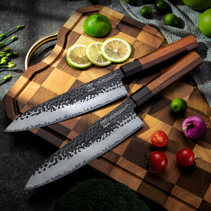 Japanese Knife Set with Block, Kitchen Knives Gift for Men & Women | Hand Forged 5-Layer 9CR18MOV Clad Steel Chef Knives with Rosewood Handles, Includes Chef, Santoku, Nakiri and Paring Knife