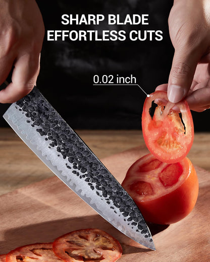 Japanese Knife Set with Block, Kitchen Knives Gift for Men & Women | Hand Forged 5-Layer 9CR18MOV Clad Steel Chef Knives with Rosewood Handles, Includes Chef, Santoku, Nakiri and Paring Knife