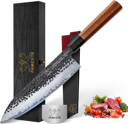 Japanese Knife Set with Block, Kitchen Knives Gift for Men & Women | Hand Forged 5-Layer 9CR18MOV Clad Steel Chef Knives with Rosewood Handles, Includes Chef, Santoku, Nakiri and Paring Knife