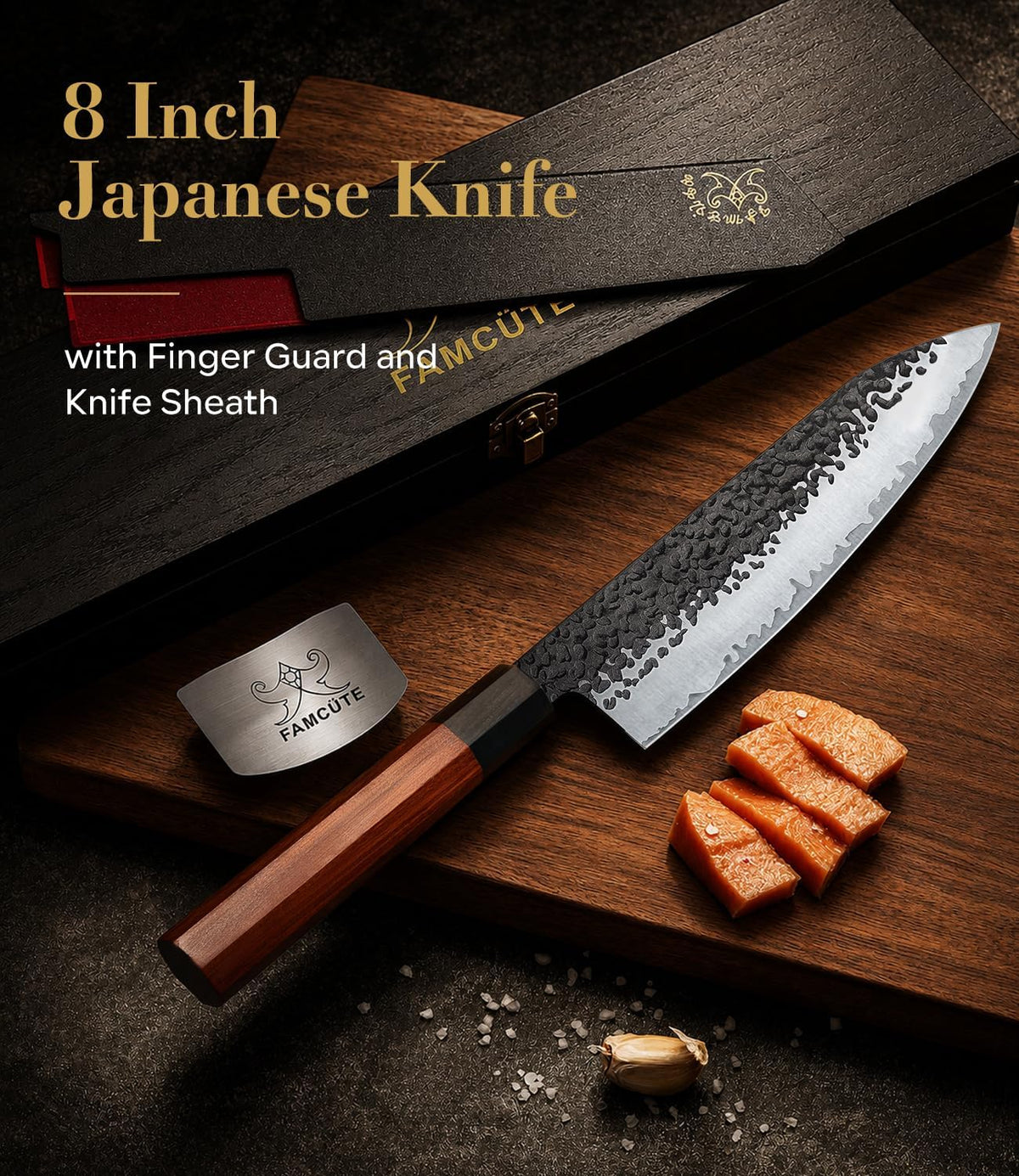 Japanese Knife Set with Block, Kitchen Knives Gift for Men & Women | Hand Forged 5-Layer 9CR18MOV Clad Steel Chef Knives with Rosewood Handles, Includes Chef, Santoku, Nakiri and Paring Knife