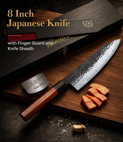 Japanese Knife Set with Block, Kitchen Knives Gift for Men & Women | Hand Forged 5-Layer 9CR18MOV Clad Steel Chef Knives with Rosewood Handles, Includes Chef, Santoku, Nakiri and Paring Knife