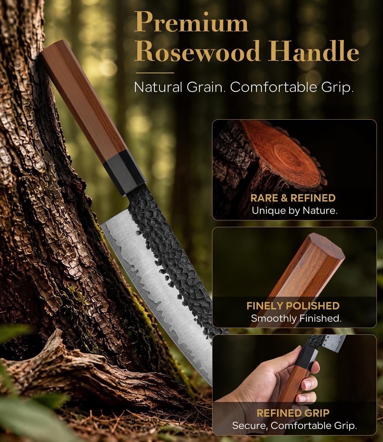 Japanese Knife Set with Block, Kitchen Knives Gift for Men & Women | Hand Forged 5-Layer 9CR18MOV Clad Steel Chef Knives with Rosewood Handles, Includes Chef, Santoku, Nakiri and Paring Knife