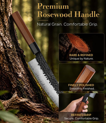 Japanese Knife Set with Block, Kitchen Knives Gift for Men & Women | Hand Forged 5-Layer 9CR18MOV Clad Steel Chef Knives with Rosewood Handles, Includes Chef, Santoku, Nakiri and Paring Knife