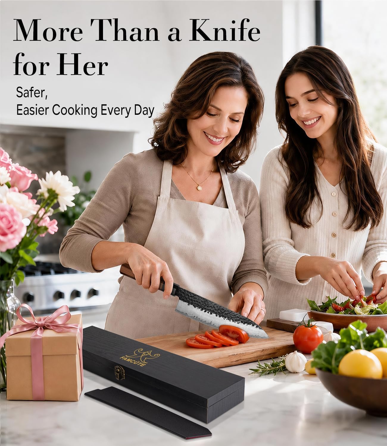 Japanese Knife Set with Block, Kitchen Knives Gift for Men & Women | Hand Forged 5-Layer 9CR18MOV Clad Steel Chef Knives with Rosewood Handles, Includes Chef, Santoku, Nakiri and Paring Knife