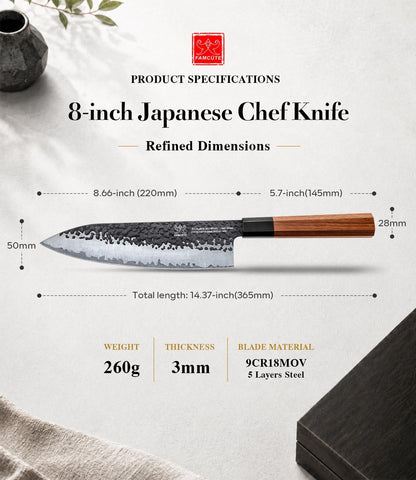 Japanese Knife Set with Block, Kitchen Knives Gift for Men & Women | Hand Forged 5-Layer 9CR18MOV Clad Steel Chef Knives with Rosewood Handles, Includes Chef, Santoku, Nakiri and Paring Knife