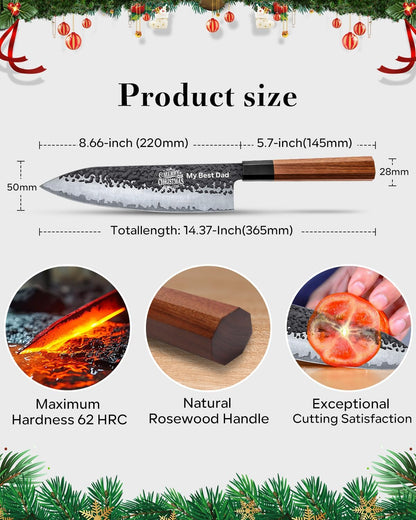 Japanese Knife Set with Block, Kitchen Knives Gift for Men & Women | Hand Forged 5-Layer 9CR18MOV Clad Steel Chef Knives with Rosewood Handles, Includes Chef, Santoku, Nakiri and Paring Knife