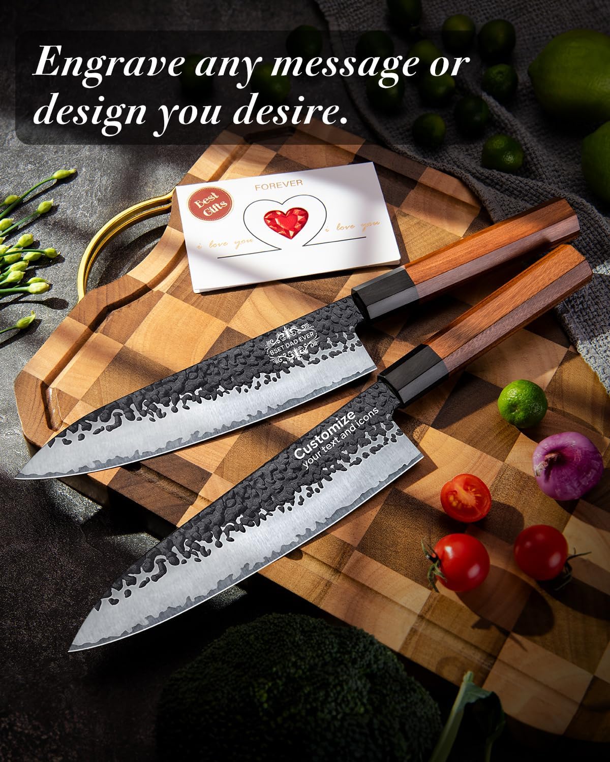 Japanese Knife Set with Block, Kitchen Knives Gift for Men & Women | Hand Forged 5-Layer 9CR18MOV Clad Steel Chef Knives with Rosewood Handles, Includes Chef, Santoku, Nakiri and Paring Knife