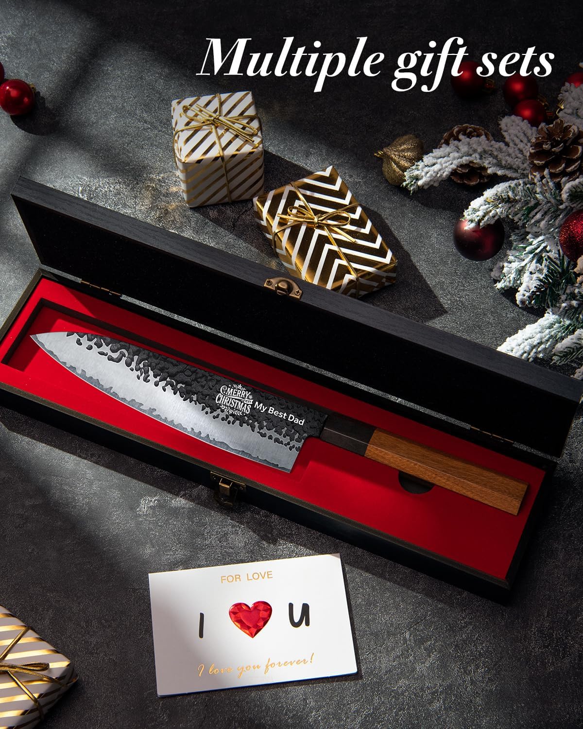 Japanese Knife Set with Block, Kitchen Knives Gift for Men & Women | Hand Forged 5-Layer 9CR18MOV Clad Steel Chef Knives with Rosewood Handles, Includes Chef, Santoku, Nakiri and Paring Knife