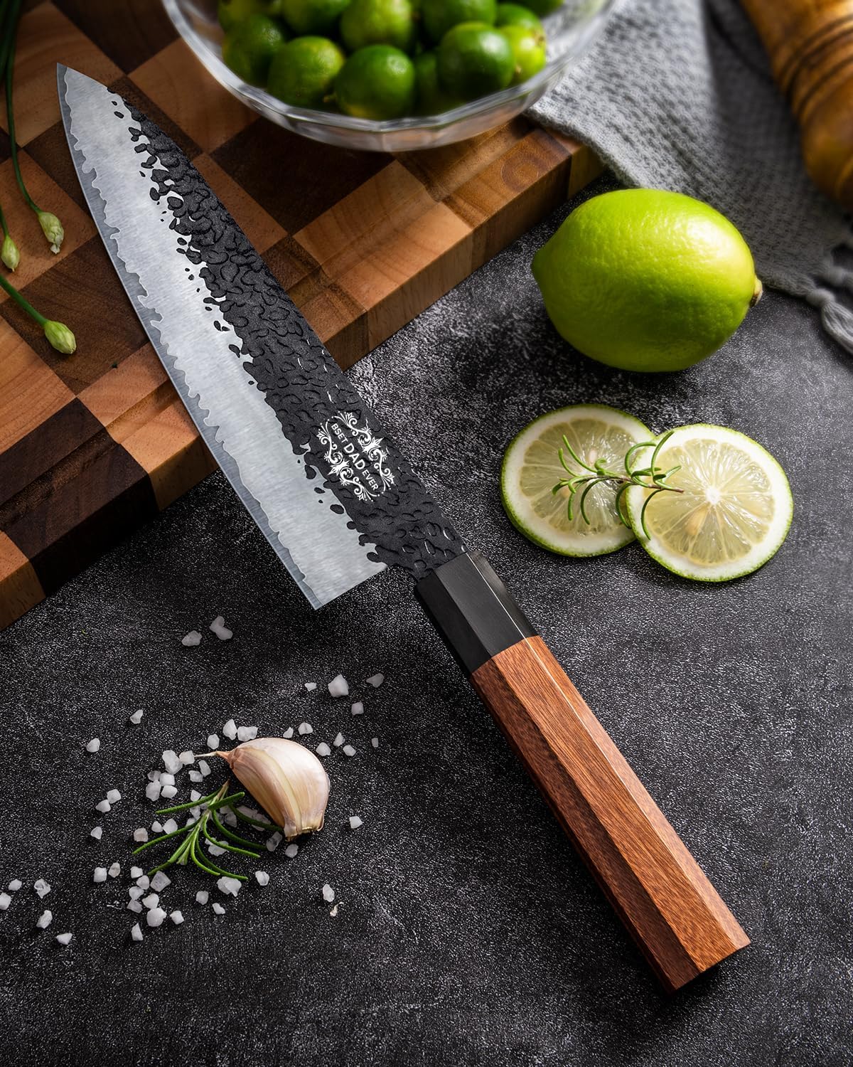 Japanese Knife Set with Block, Kitchen Knives Gift for Men & Women | Hand Forged 5-Layer 9CR18MOV Clad Steel Chef Knives with Rosewood Handles, Includes Chef, Santoku, Nakiri and Paring Knife